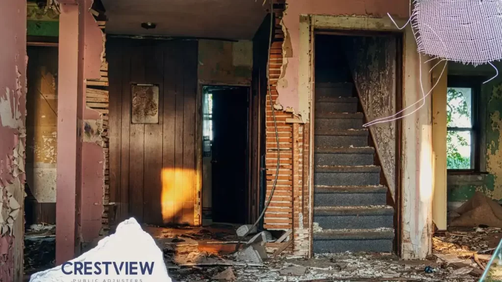 Condo Association Vs. Unit Owner Insurance Claims In Ny And Nj: Who Pays For Water And Storm Damage? 2 damaged-home-interior-with-exposed-walls-and-stairs