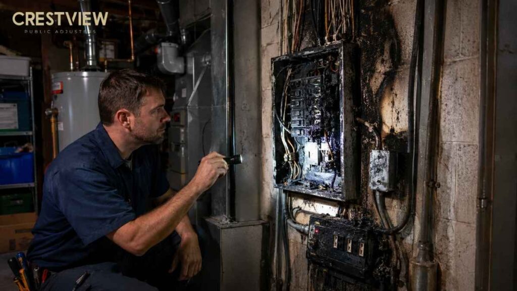Lightning Strike Insurance Claims In Pennsylvania: What Your Policy May Not Cover After Electrical And Fire Damage 1 Adjuster inspecting a burned electrical panel with a flashlight in a basement