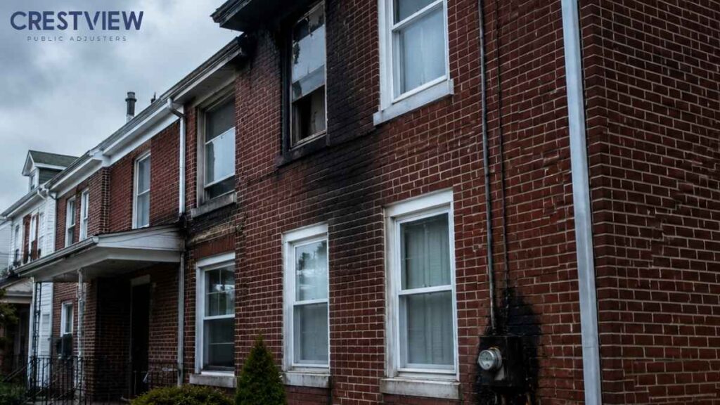 Lightning Strike Insurance Claims In Pennsylvania: What Your Policy May Not Cover After Electrical And Fire Damage 3 Brick rowhome with smoke damage and a burned window above the roofline