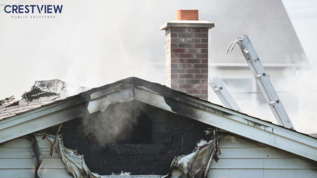 Fire Damage Insurance Claim In New Jersey: What Your Policy Covers (And What It Doesn’t) 2 Burned-through roofline of a house with smoke rising and a brick chimney standing above the damage