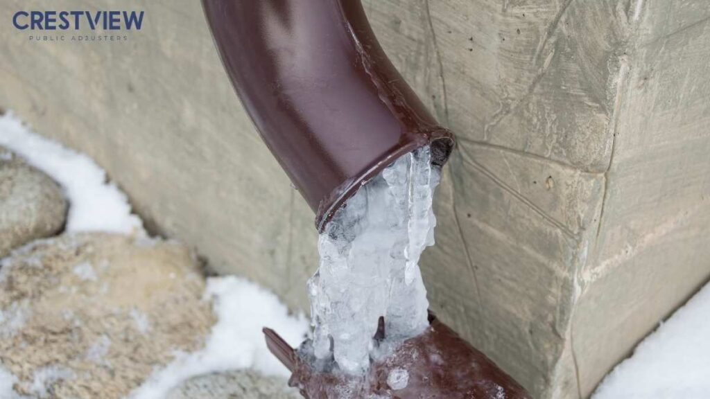 Frozen Pipe Insurance Claim In New Jersey: What To Do Before, During, And After A Burst 1 Burst pipe joint blocked with ice and snow against a stone wall