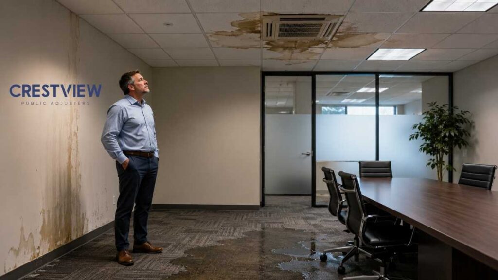 Commercial Hvac Water Damage In New Jersey: Warning Signs Business Owners Miss Before Filing A Cooling System Claim 4 Business owner inspecting a water stained ceiling vent in an office