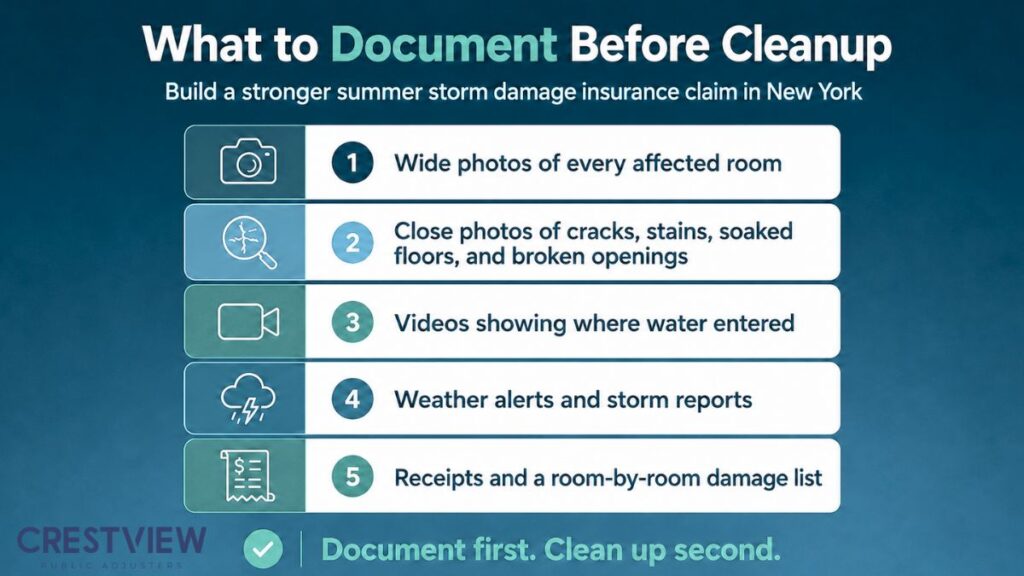 Summer Storm Damage Insurance Claims In New York: A Step-By-Step Filing Guide For Wind And Flood Losses 2 Checklist of five steps to document storm damage before cleanup begins