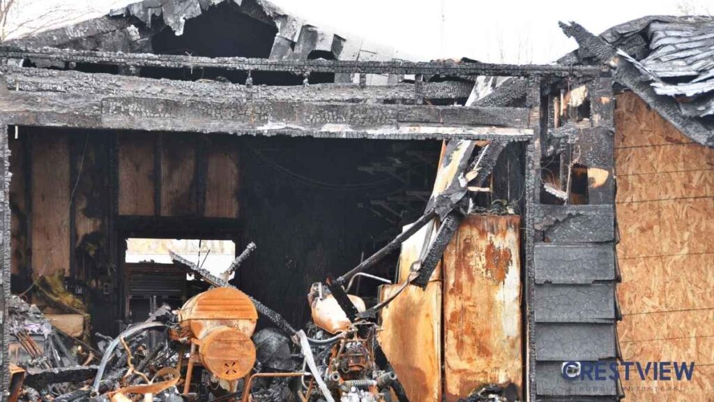 Fire Damage Insurance Claim In New Jersey: What Your Policy Covers (And What It Doesn’t) 1 Fire-gutted structure with charred walls, collapsed roof, and burned machinery in the interior