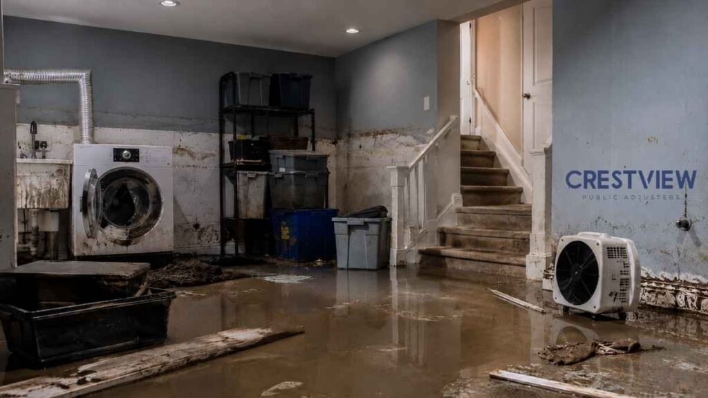 Summer Storm Damage Insurance Claims In New York: A Step-By-Step Filing Guide For Wind And Flood Losses 3 Flooded basement laundry room with mud, water lines, and a drying fan