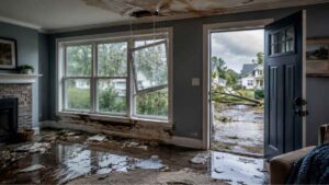 Blog 2 Flooded living room and broken window after a summer storm in New York home
