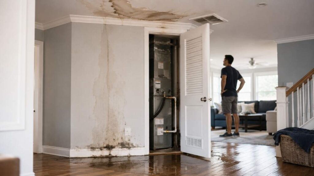 HVAC water damage insurance claim New Jersey home with ceiling and wall stains