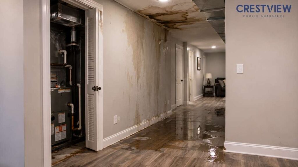 Hvac Water Damage Insurance Claims In New Jersey: What Homeowners Need To Know Before Filing This Summer 2 Hallway with ceiling leak, wall staining, and standing water on the floor