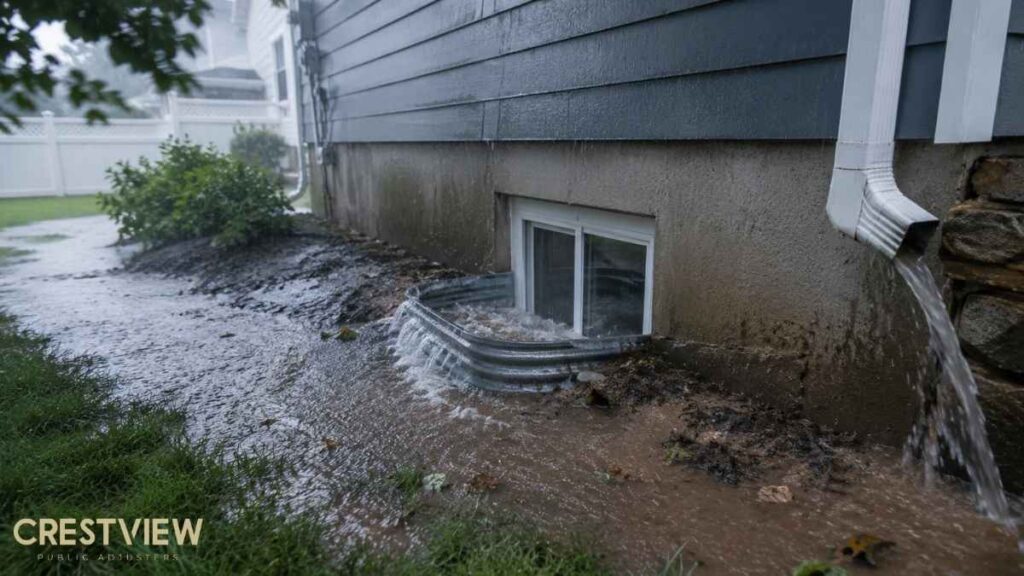 Basement Flooding Insurance Claim In New Jersey: A Summer Checklist For Sump Pump Failures And Heavy Rain Damage 2 Heavy rain pooling against a foundation and flooding a basement window well