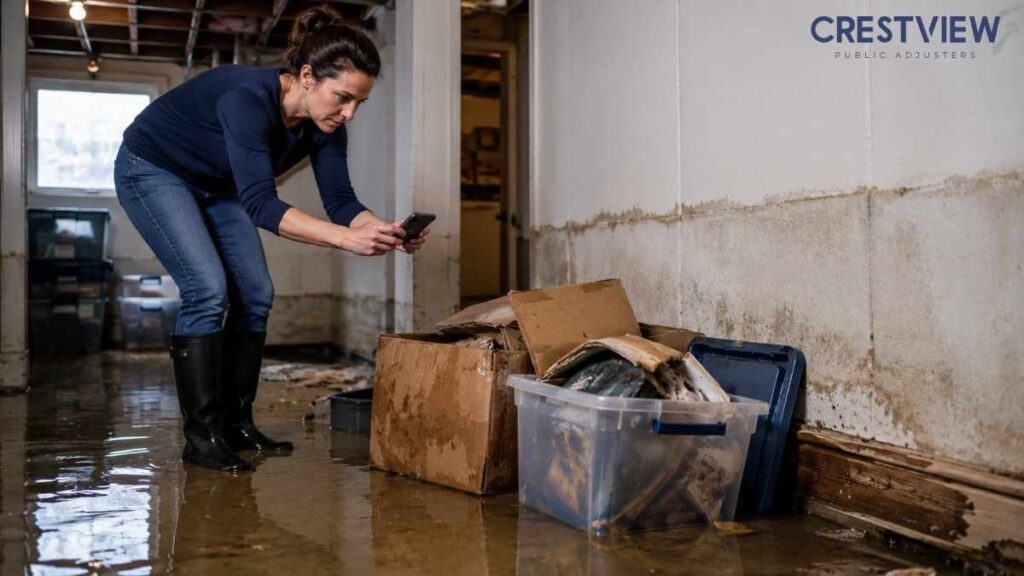 Basement Flooding Insurance Claim In New Jersey: A Summer Checklist For Sump Pump Failures And Heavy Rain Damage 3 Homeowner photographing damaged items in standing water before cleanup