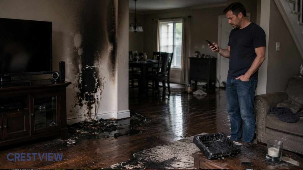 Lightning Strike Insurance Claims In Pennsylvania: What Your Policy May Not Cover After Electrical And Fire Damage 4 Homeowner photographing electrical fire damage in a living room outlet area