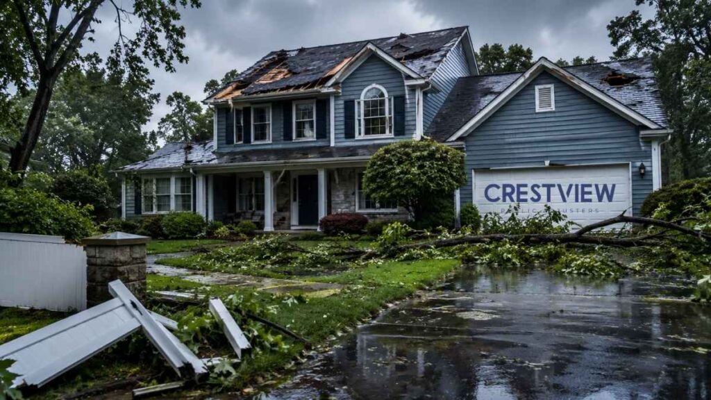 Summer Storm Damage Insurance Claims In New York: A Step-By-Step Filing Guide For Wind And Flood Losses 4 House with a torn off roof and a fallen tree across the front yard