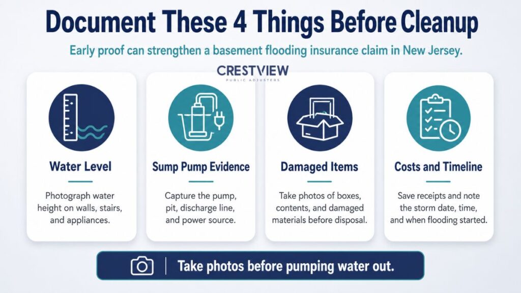 Basement Flooding Insurance Claim In New Jersey: A Summer Checklist For Sump Pump Failures And Heavy Rain Damage 1 Infographic listing 4 things to document before basement cleanup after flooding