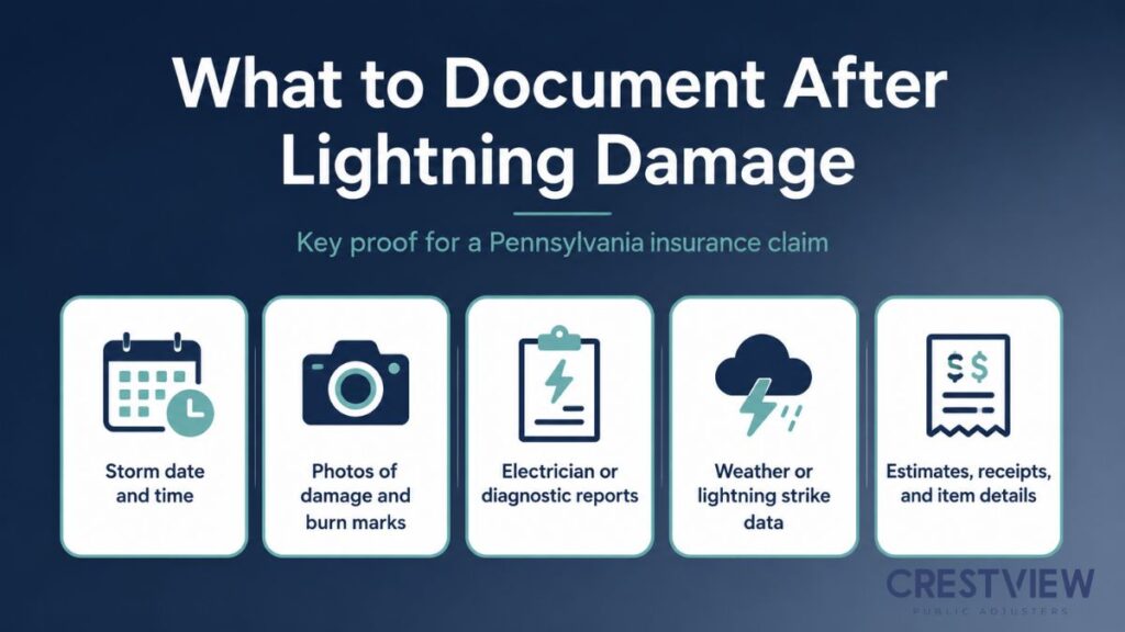 Lightning Strike Insurance Claims In Pennsylvania: What Your Policy May Not Cover After Electrical And Fire Damage 2 Infographic listing five items to document after storm damage to a home