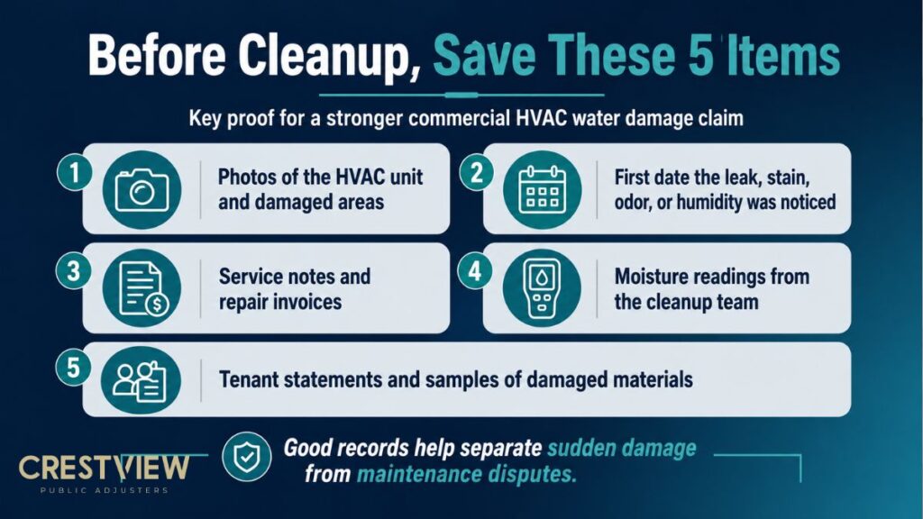 Commercial Hvac Water Damage In New Jersey: Warning Signs Business Owners Miss Before Filing A Cooling System Claim 3 Infographic listing five items to save before HVAC water damage cleanup