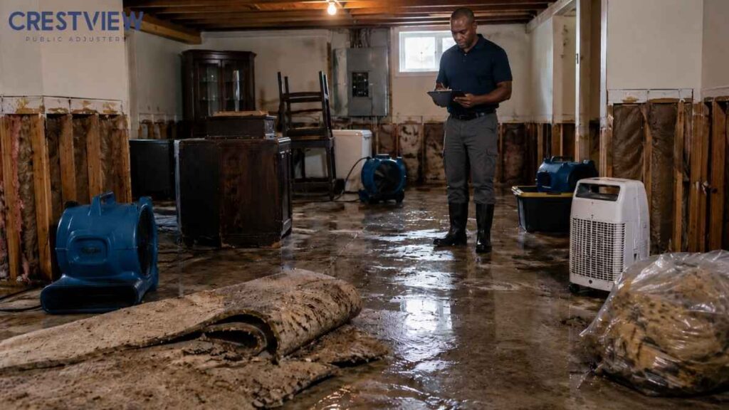 Basement Flooding Insurance Claim In New Jersey: A Summer Checklist For Sump Pump Failures And Heavy Rain Damage 4 Man with clipboard inspecting flood damage in a basement during drying