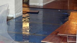 Blog 7 Standing water and warped hardwood floors in a New York home after a water damage insurance claim