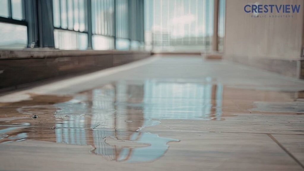 Commercial Water Damage Claim In New Jersey: Why Business Owners Should Work With A Public Adjuster 3 Standing water pooled across a commercial building floor after an interior leak