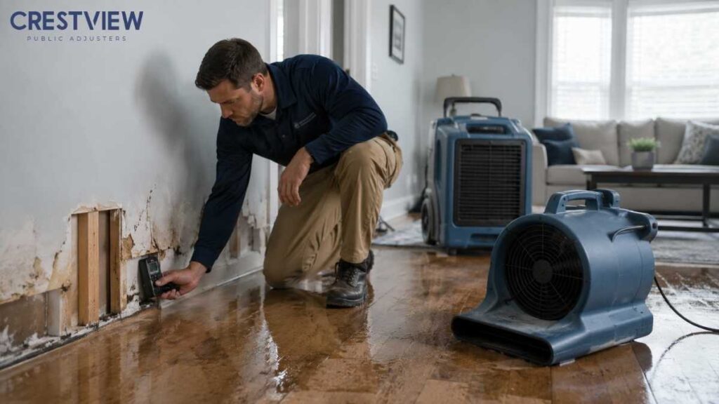 Hvac Water Damage Insurance Claims In New Jersey: What Homeowners Need To Know Before Filing This Summer 3 Technician checking moisture in a damaged wall with drying equipment nearby