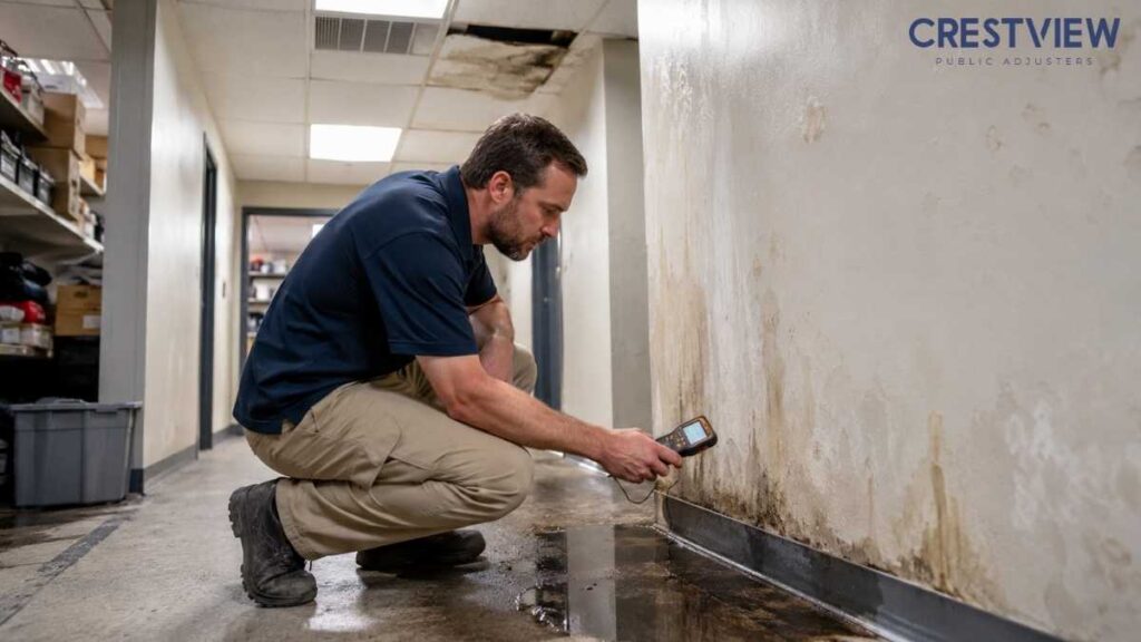 Commercial Hvac Water Damage In New Jersey: Warning Signs Business Owners Miss Before Filing A Cooling System Claim 2 Technician using a moisture meter on a stained wall near a flooded floor
