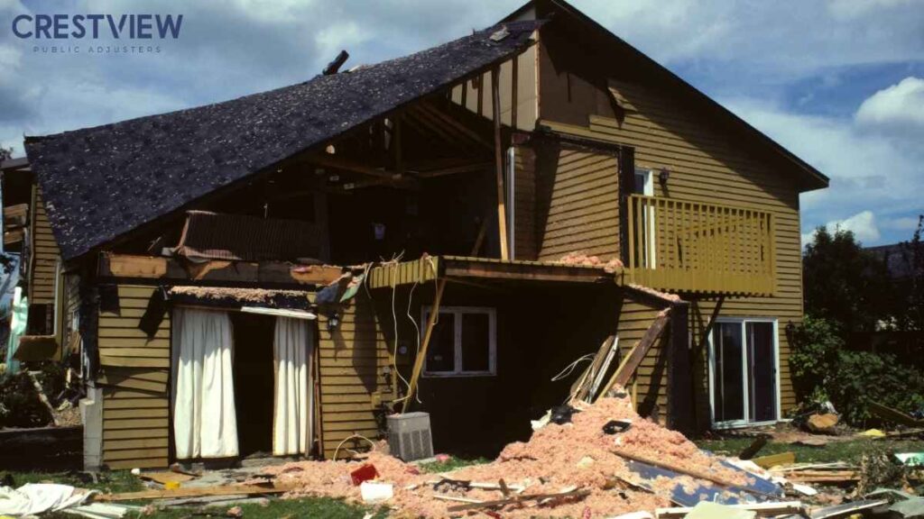 Storm Damage Insurance Claim In Pennsylvania: How To Document Wind, Hail, And Roof Damage This Spring 2 Two-story home with collapsed roof, torn siding, and exposed insulation after severe wind damage