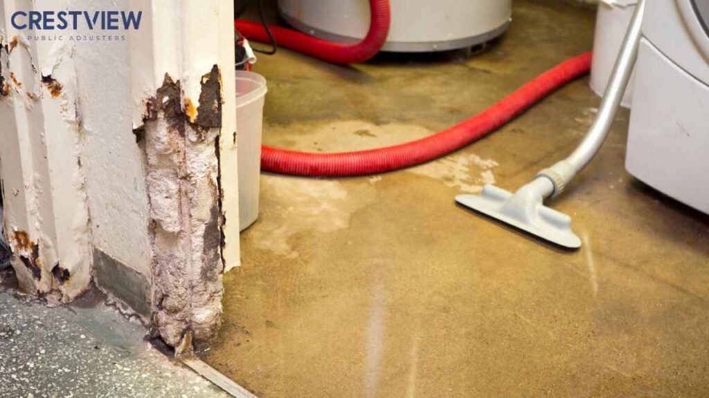 Water Damage Insurance Claim In New York: 5 Common Mistakes That Lead To Denials 2 Wet vacuum and extraction hose removing water from a flooded basement with severely corroded walls