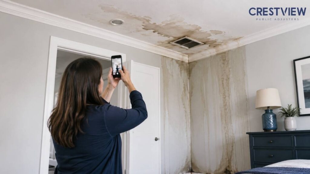 Hvac Water Damage Insurance Claims In New Jersey: What Homeowners Need To Know Before Filing This Summer 4 Woman photographing ceiling and wall stains near an air vent with her phone