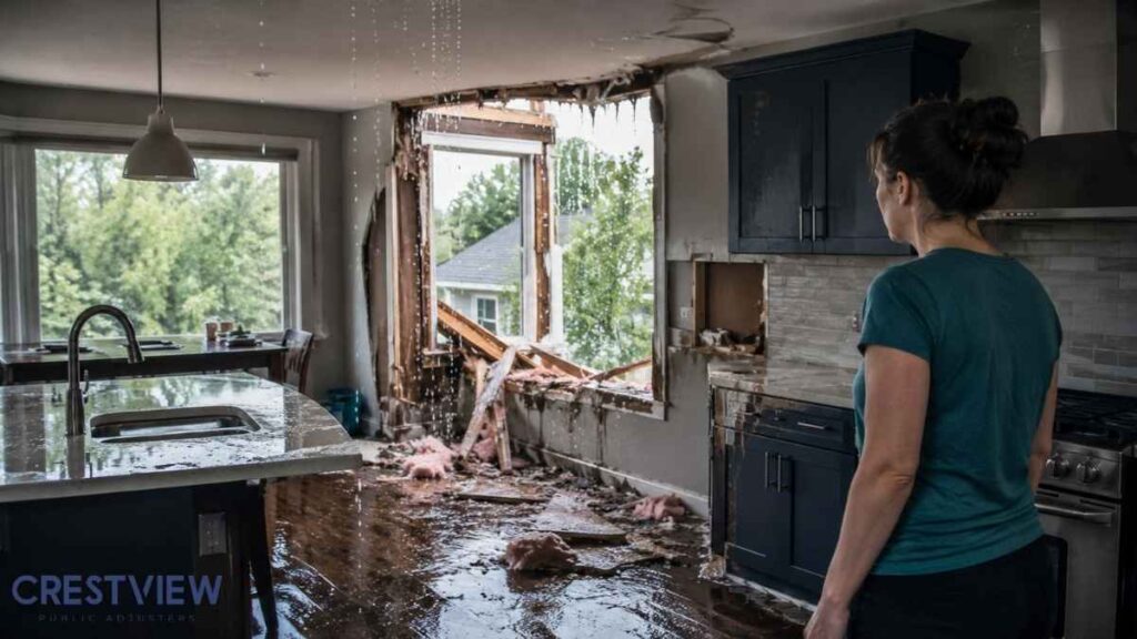 Summer Storm Damage Insurance Claims In New York: A Step-By-Step Filing Guide For Wind And Flood Losses 1 Woman surveys flooded kitchen with a collapsed wall and broken window