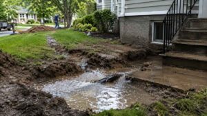 Broken outdoor water line flooding yard near home foundation, New York