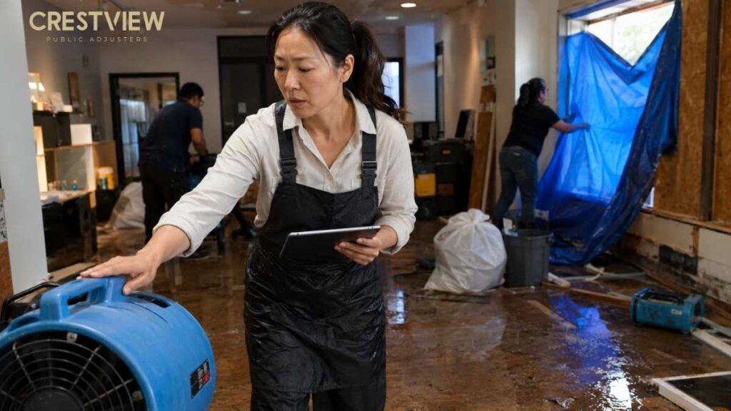 How Business Continuity Planning Connects Storm Damage To Business Income Loss 5 Business owner overseeing cleanup crew drying a flooded interior space