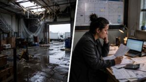 Blog 4 Damaged warehouse roof and owner reviewing bills after a business disruption
