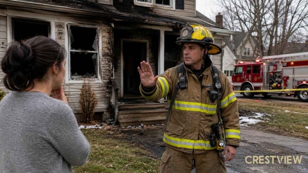 Firefighter speaks with distressed homeowner outside fire damaged house