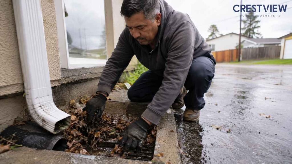 The Storm Preparation Checklist Every Property Owner Needs Before Heavy Rain Becomes A Storm Damage Claim 2 Homeowner clearing wet leaves and debris from an exterior drain grate