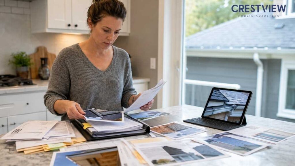What Roof And Gutter Maintenance Records You Actually Need To Support A Storm Damage Claim 4 Homeowner reviewing roof and gutter maintenance records and dated photos