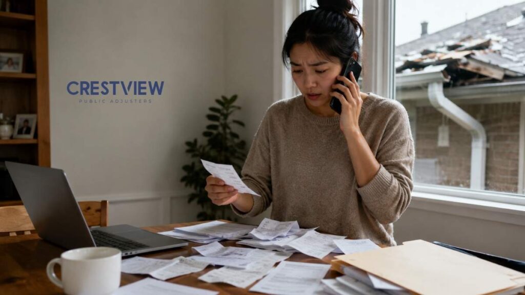 What Roof And Gutter Maintenance Records You Actually Need To Support A Storm Damage Claim 1 Homeowner sorting roof and gutter maintenance records after storm damage