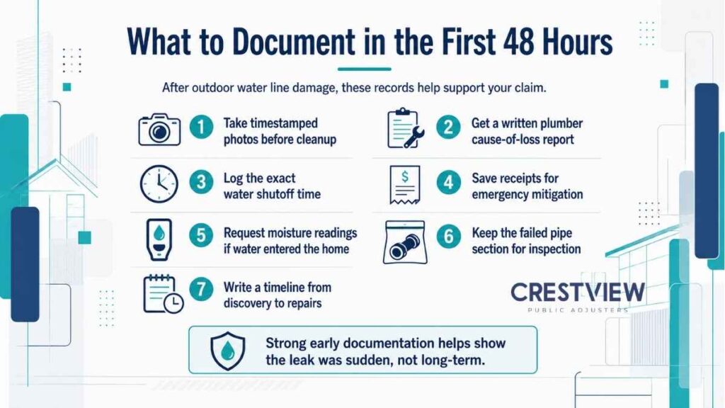 8 Questions New York Homeowners Ask About A Plumbing Insurance Claim After Outdoor Water Line Damage 1 Infographic listing 7 steps to document outdoor water line damage in 48 hours