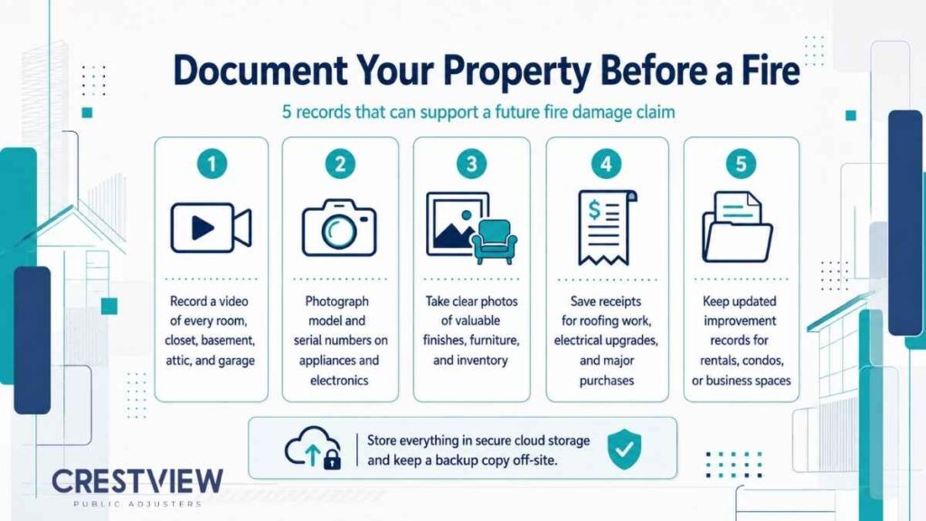 Infographic listing five steps to document property records before a fire