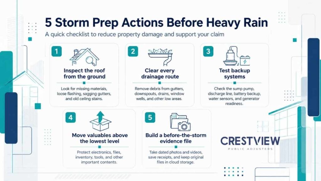 The Storm Preparation Checklist Every Property Owner Needs Before Heavy Rain Becomes A Storm Damage Claim 1 Infographic showing five checklist steps to prepare a property before a storm