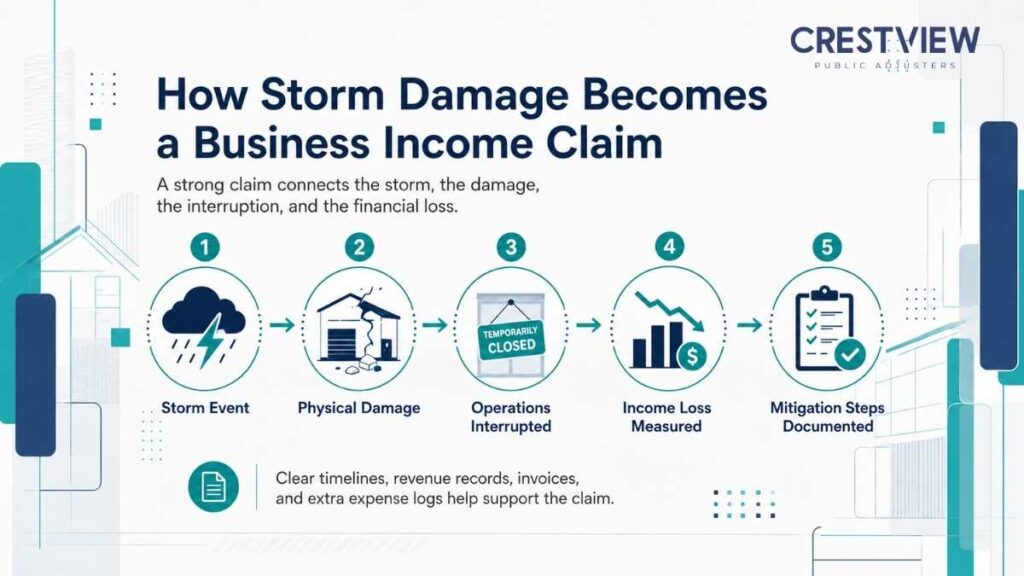 How Business Continuity Planning Connects Storm Damage To Business Income Loss 1 Infographic showing five steps linking storm damage to a business income claim