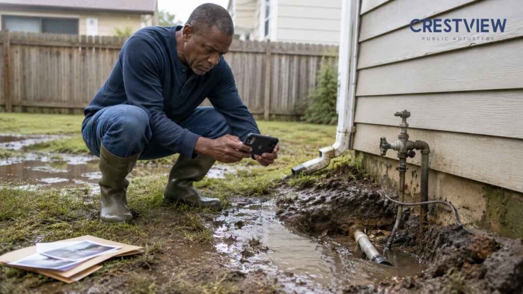 8 Questions New York Homeowners Ask About A Plumbing Insurance Claim After Outdoor Water Line Damage 4 Man photographing a muddy exposed pipe leak in his backyard with a phone