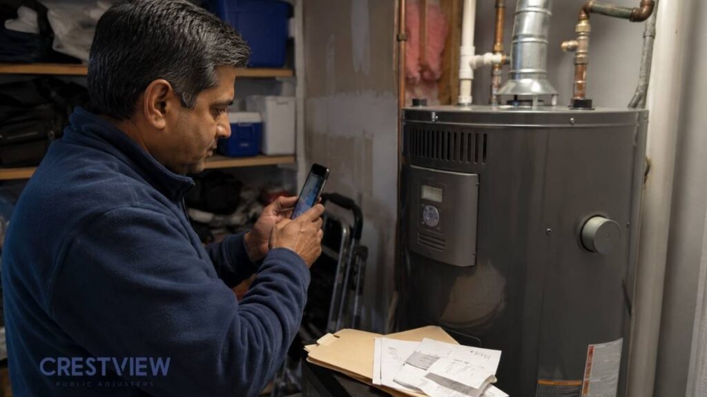 Man photographs water heater in basement to document home equipment condition