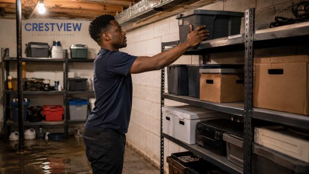 The Storm Preparation Checklist Every Property Owner Needs Before Heavy Rain Becomes A Storm Damage Claim 4 Man raising storage bins onto a shelf above a flooded basement floor