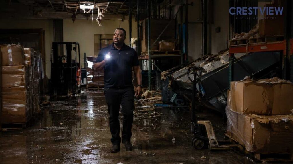How Business Continuity Planning Connects Storm Damage To Business Income Loss 4 Man using flashlight to inspect a damaged, flooded warehouse at night