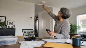 Older woman checks smoke detector at desk, focused on property fire safety