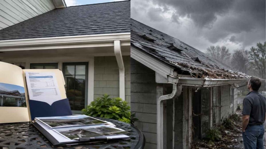 What Roof And Gutter Maintenance Records You Actually Need To Support A Storm Damage Claim 1 Roof and gutter maintenance records folder next to storm damaged roof photo