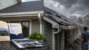 Roof and gutter maintenance records folder next to storm damaged roof photo