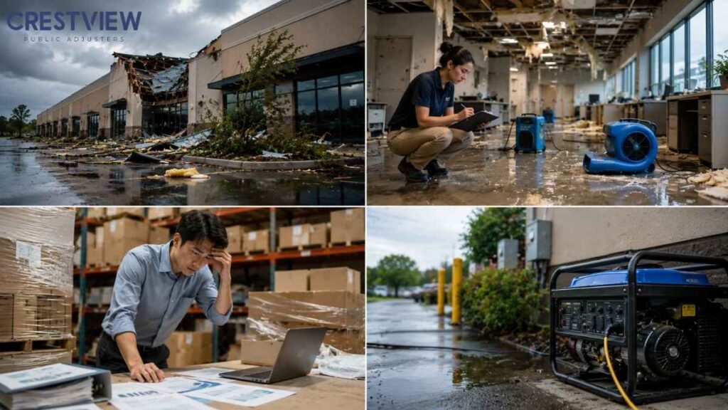 How Business Continuity Planning Connects Storm Damage To Business Income Loss 2 Storm damaged storefront, adjuster inspecting, worried owner, and backup generator