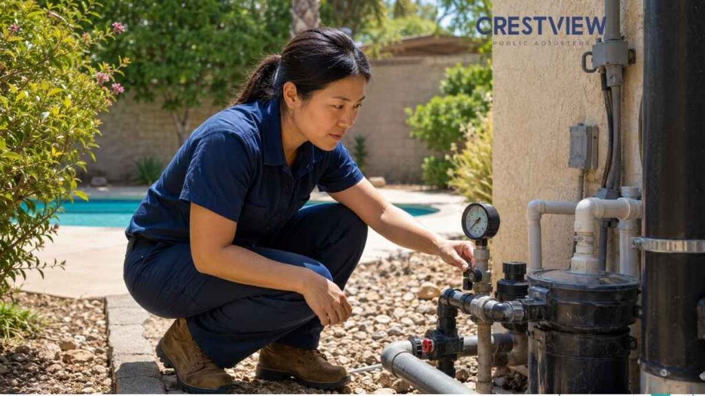 8 Questions New York Homeowners Ask About A Plumbing Insurance Claim After Outdoor Water Line Damage 2 Technician checking pool equipment pressure gauge in a backyard near a pool