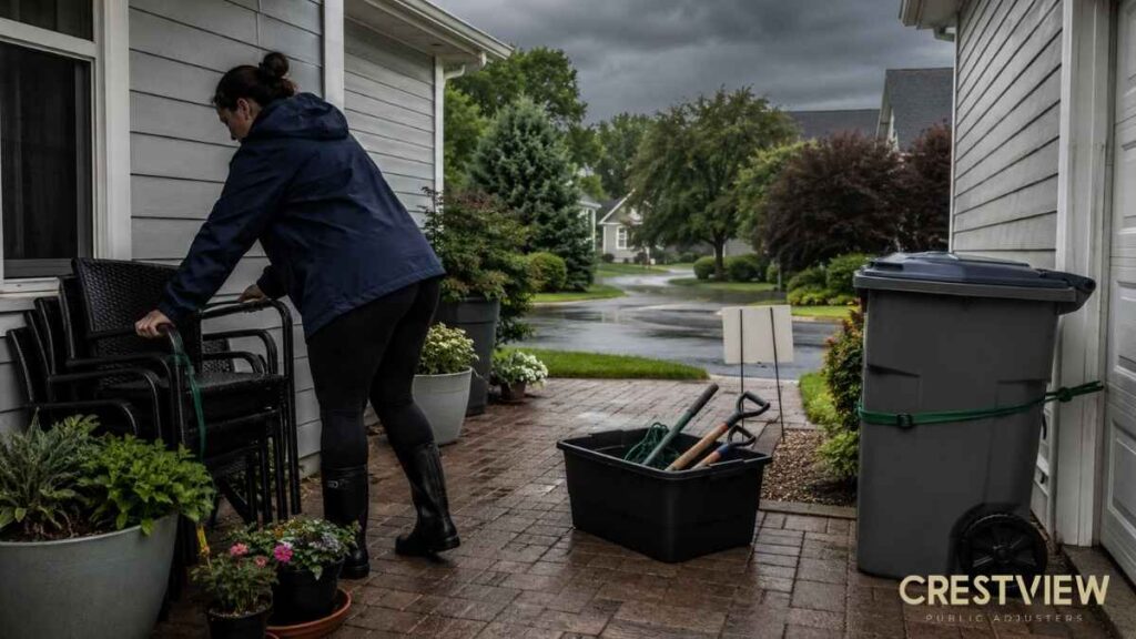 The Storm Preparation Checklist Every Property Owner Needs Before Heavy Rain Becomes A Storm Damage Claim 5 Woman securing outdoor furniture on a patio under stormy skies