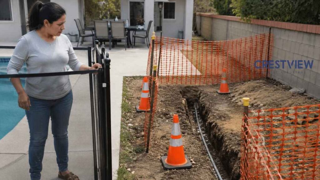 8 Questions New York Homeowners Ask About A Plumbing Insurance Claim After Outdoor Water Line Damage 3 Woman standing by pool gate near a fenced excavation trench in backyard